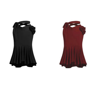 Women's Black & Red Mesh Long Sleeve Crop Top & Ruffled Slit Skirt Latin Dancewear Set