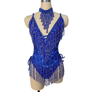 Women's Olive Green Beaded Sequin Halter Neck Fringe Latin Dance Leotard