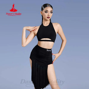 Women's Black Halter Crop Top and Fringe Skirt Latin Dancewear Set