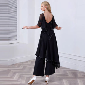 Women's Black Sheer Ruffle Ballroom Dance Top and Wide Leg Pants Set