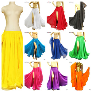 Belly Dance Women's Yellow Chiffon Full Circle Skirt with Gold Trim, Slit Design