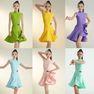 Kids Girls Ballroom Dance Dress, Sleeveless Turtleneck Lycra Ruffle Skirt, Latin Samba Cha Cha Performance Costume