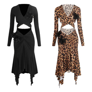 Women's Black & Leopard Print Long Sleeve Cutout Floral Applique Asymmetrical Hem Latin Dance Dress