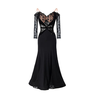 Women's Red Lace Off-Shoulder Ballroom Dance Dress with Three-Quarter Sleeves, Long Skirt