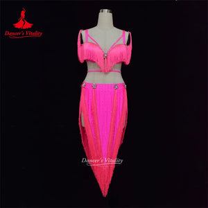 Women's Hot Pink Fringe Sequin Asymmetrical Skirt Latin Dance Dress