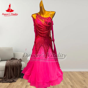 Ballroom Dance Dress Women's Fuchsia Sequin & Rhinestone Open Back Asymmetrical Neckline with Feather Boa Standard Smooth Dance Gown