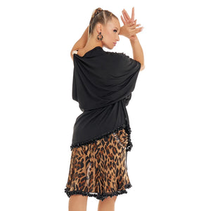 Women's Black & Leopard Print Sequin Trim Asymmetrical Latin Dance Dress