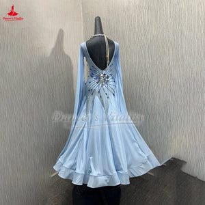 Ballroom Dance Dress Women Light Blue Embellished Long Sleeve Open Back Satin