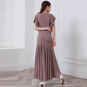 Women's Brown V-Neck Ruffle Sleeve Ruched Ballroom Dance Dress, Women's Black V-Neck Ruffle Sleeve Lace Pleated Hem Ballroom Dance Dress