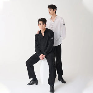 Men's Black & White Long Sleeve Button-Up Dance Shirts with Logo, Black Trousers, and Black Dance Shoes - Ballroom/Latin