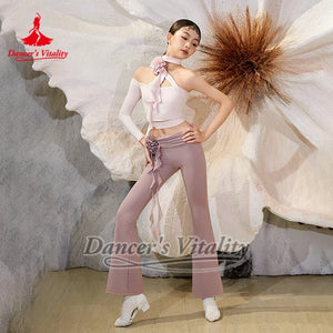 Women's Pink & White Off-Shoulder Ruffle Dance Top and Leggings Set with Floral Accents, Modern Contemporary Dance