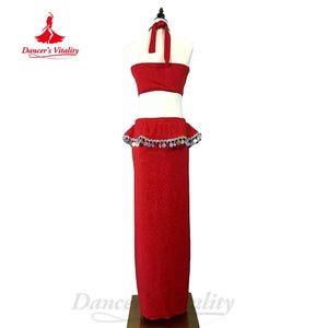 Belly Dance Costume Women's Red Halter Crop Top & Sequin Ruffle Maxi Skirt Set, Shimmer Fabric