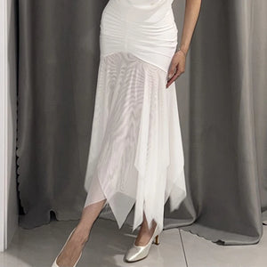 Women's White Halter Neck Ruffled Mesh Hem Latin Dance Dress