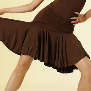 Women's Black, Brown, Rose, Beige One-Shoulder Ruched Ruffle Hem Latin Dance Dress