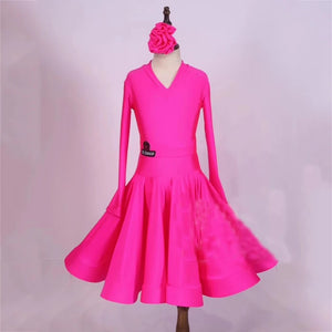 Girls Ballroom Dance Dress Red, Pink, Green, Yellow, Lime Green, Purple Long Sleeve V-Neck Competition Costume