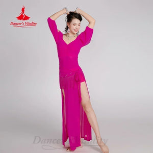Women's Fuchsia V-Neck Long Sleeve Ruched Belly Dance Dress with High Slits and Fringe Hip Scarf