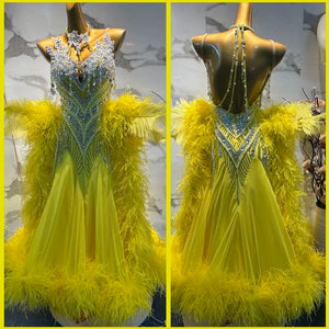 Ballroom Dance Dress Women's Yellow Sequin Ostrich Feather Latin Rhythm Dance Gown