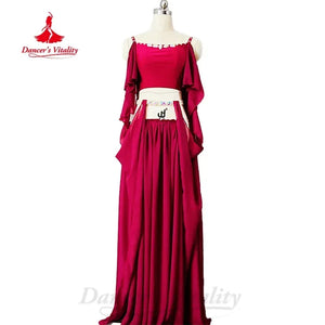 Belly Dance Costume Women's Red Chiffon Cold Shoulder Crop Top and Long Skirt Set