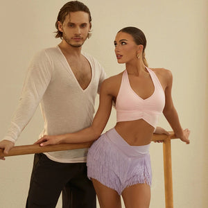 Women's Halter Neck Ruched Crop Top & Layered Fringe Latin Dance Skirt Set