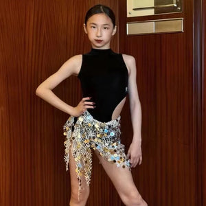 Girls' Black Sleeveless Mock Neck Leotard with Gold Sequin Mesh Skirt Latin Dance Dress