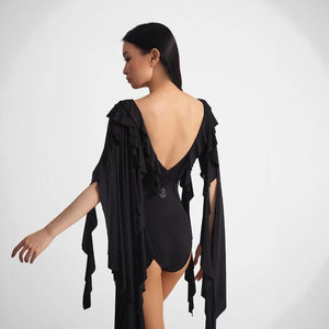 Women's Black Ruffled V-Neck Long Sleeve Mermaid Ballroom Latin Dance Dress