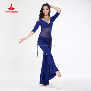 Belly Dance Women's Black Mesh Panel V-Neck Top & Slit Skirt Set with Floral Wristband, Long Sleeve Performance Costume