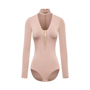 Women's Nude Long Sleeve Mesh Latin Dance Bodysuit with Fringe Skirt