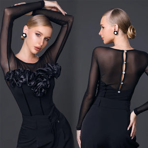 Women's Black Mesh Long Sleeve Bodysuit with Floral Ruffles & Back Buttons, Ballroom Dance