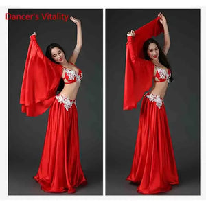 Belly Dance Costume Women's Royal Blue Satin Halter Bra Skirt Set with White Floral Applique and Arm Sleeves