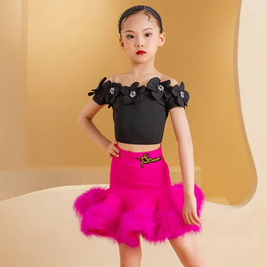 Girls Fuchsia Pink Feathered Latin Dance Skirt Set with Black Off-Shoulder Floral Top