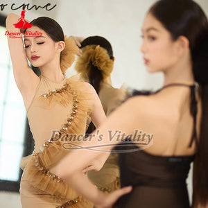 Girls' Black & Beige Sequin Ruffle Halter Neck Latin Dance Dress