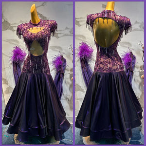 Ballroom Dance Dress Women's Purple Beaded Lace Open Back Feather Trimmed Skirt