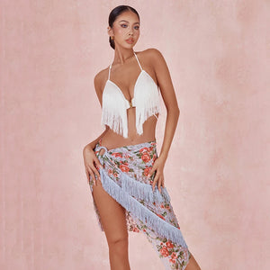 Women's White Fringe Halter Top and Floral Lace Slit Skirt Latin Dancewear