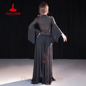 Belly Dance Costume Women's Black Sequin Mesh Long Sleeve Top & Slit Skirt Set for Performance