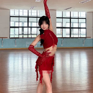 Latin Dance Dress Women's Red Halter Crop Top and Asymmetrical Fringe Skirt Set with Lace Gloves
