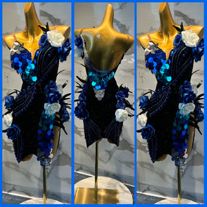 Latin Dance Dress Women's Black & Blue Sequin Floral Fringe Performance Ballroom Salsa Costume