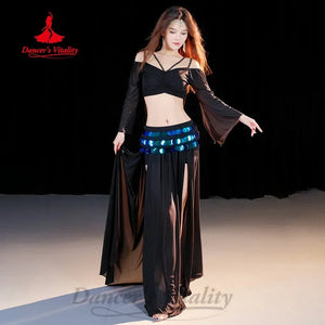 Belly Dance Costume Women Black Off-Shoulder Crop Top Long Sleeve with Slit Skirt and Sequin Hip Scarf Set