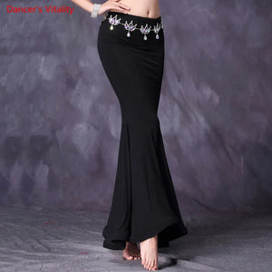 Belly Dance Skirt Women's Red Mermaid Maxi Skirt with Black Stone Belt for Performance