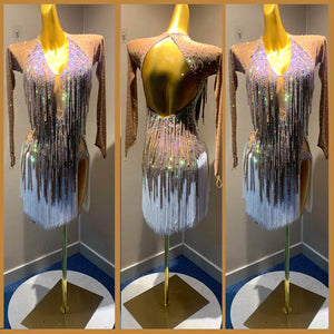 Women's Nude & White Rhinestone Fringe Latin Dance Dress
