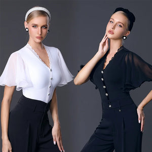 Ballroom Dance Bodysuit Women's White and Black V-Neck Lace Trim Chiffon Sleeve Button Front Jumpsuit