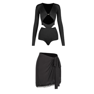 Women's Olive Green Long Sleeve Cutout Bodysuit with Gold Buckle, White Fringe Tie-Waist Skirt, Latin Dancewear