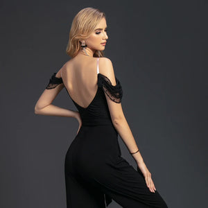 Women's Black Polka Dot Mesh Off-Shoulder Jumpsuit with Waist Tie for Ballroom Dance