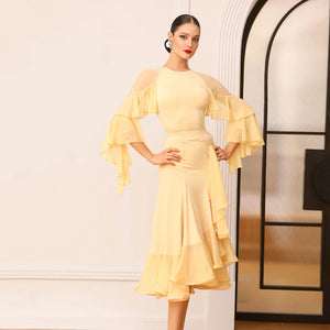 Ballroom Dance Dress Women's Yellow Mesh Ruffle Sleeve Asymmetrical Skirt, Ballroom Dance Dress Women's Black Mesh Ruffle Sleeve Asymmetrical Skirt