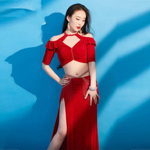 Women's Red Halter Cold Shoulder Crop Top & Slit Skirt with Fringe & Rhinestone Belly Dance Costume
