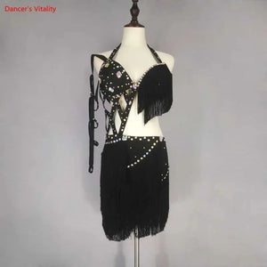 Women's Black Halter Fringe Latin Dance Dress with Rhinestones and Cut-Outs