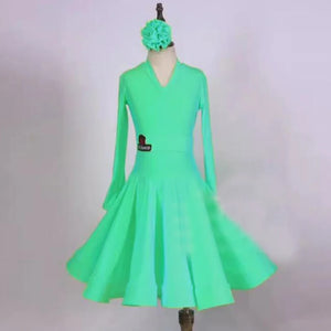 Girls Ballroom Dance Dress Red, Pink, Green, Yellow, Lime Green, Purple Long Sleeve V-Neck Competition Costume