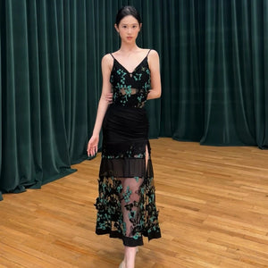 Women's Black Mesh Butterfly Appliqué Ruched Slit Backless Latin Dance Dress