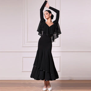 Women's Black Off-Shoulder Ruffled Long Sleeve Ballroom Dance Dress with Tiered Skirt