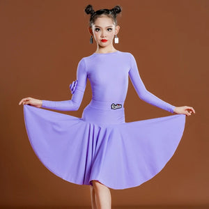 Girls Latin Dance Dress, Long Sleeve, Pleated Skirt, Ballroom Performance Costume