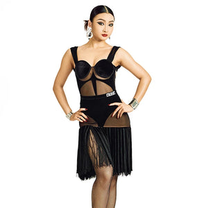 Women's Black Velvet Mesh Fringe Latin Dance Dress